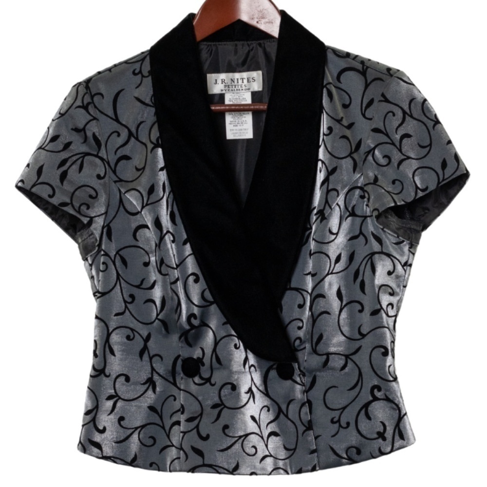 JR Nites Silver Black Top Size 10P Women's Formal Evening Vintage 90s Ornate